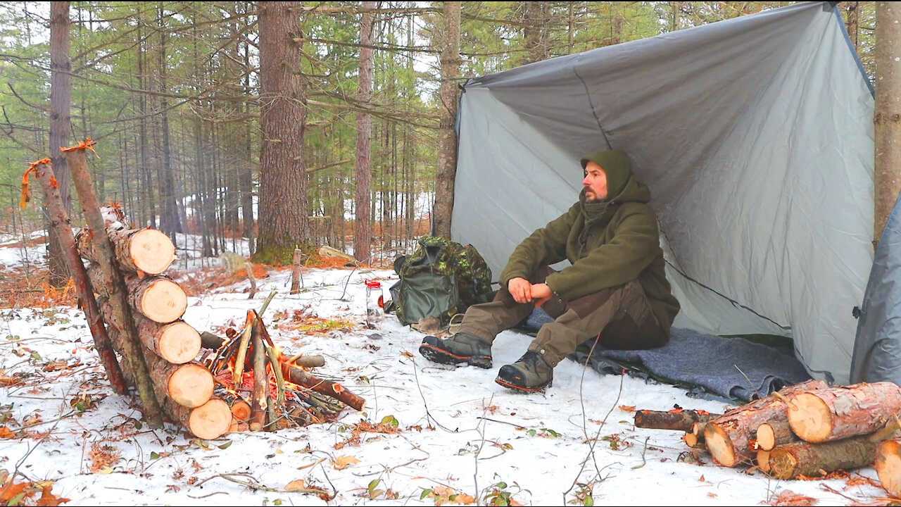 Solo Backcountry Winter Camping Campfire Cooking Bushcraft Tarp Shelter