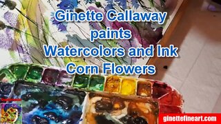 Ginette Paints Corn Flowers and Bees in Watercolors and Ink