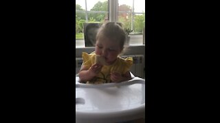 Little girl is highly relatable as she’s falling asleep while eating!