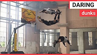 Stuntmen perform flips and basketball dunks in an abandoned playground
