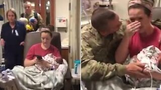 Soldier Surprises Wife After Giving Birth To Their Child