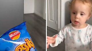 Toddler immediately comes running the second dad opens snacks
