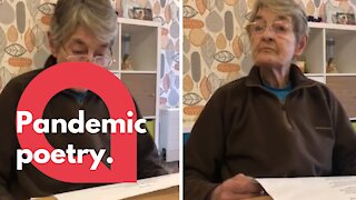 Elderly care home resident reading a poem about coronavirus