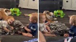 Twin toddlers preciously communicate with each other