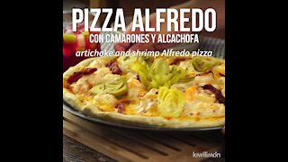 Artichoke and shrimp Alfredo Pizza