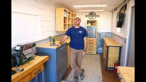 Shipping Container Shop - Corrugated ceiling, trim and file cabinet storage