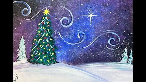 'O' Christmas Tree' - easy Christmas tree, night sky acrylic painting tutorial for beginners