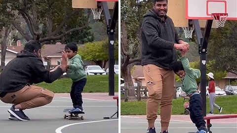 Dad borrows stranger's skateboard to teach his son