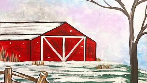 Snowy Barn - easy acrylic painting tutorial for beginners