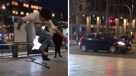 Skateboard gets run over after failed kickflip