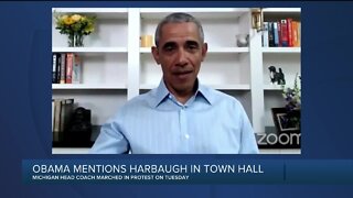 President Barack Obama says Jim Harbaugh has "been on the right side of this issue"