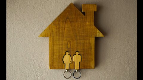 Making Wooden Keychain Holder In Shape Of A House With Two Keychains