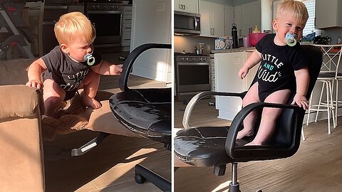 Fearless Kid Is On Hilarious Mission To Climb On The Computer Chair