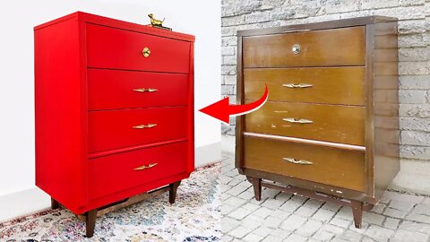 Hot Red MCM Dresser Makeover | Furniture Restoration and Painting