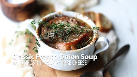 Classic French Onion Soup Recipe with Crostini and Gruyere Cheese
