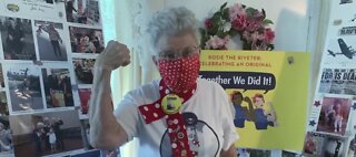 'Rosie the Riveter' making face masks