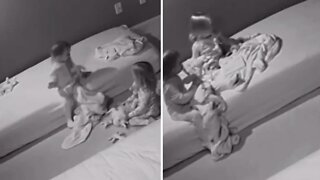 Adorable footage of triplets' first night in 'big girl beds'