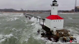 Drone footage shows monster waves crashing into Lake Michigan lighthouse