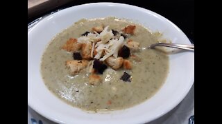 Easy Cream of Broccoli Soup Topped with Bacon Bits Homemade Croutons And Cheese