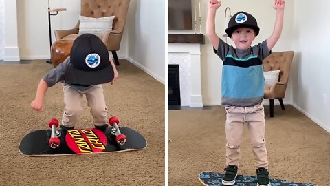 Little boy shows off awesome skateboard trick
