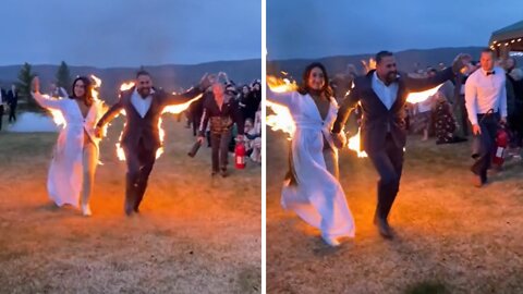Bride & groom stunt doubles set themselves on fire for wedding exit