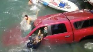 Bystanders jump into marina to save family and dog