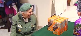 98-year-old Girl Scout selling cookies
