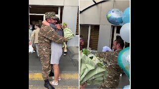Soldier sent home for a few hours to surprise his wife and newborn son