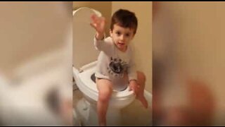 Little boy tries to stop his mom from entering a stinky situation