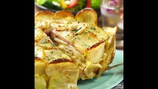 Potato cake with cheese and ham