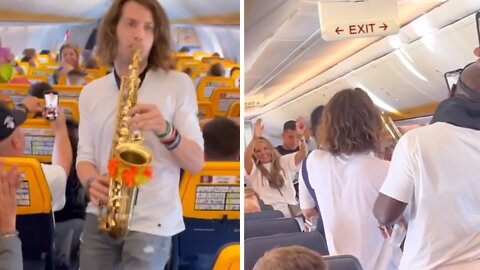 Dude with saxophone sets the tone for flight to Ibiza