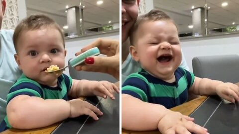 Baby says no to more food in cutest possible way