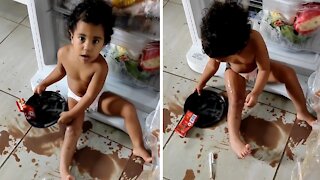 Mischievous baby makes huge mess in the fridge