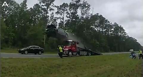 Car Takes Flight Using Tow Truck As Ramp