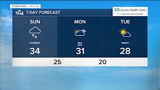 Flurries continue through Sunday afternoon