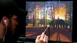 Acrylic Landscape Painting of Fall Forest & Pavilion - Time-lapse - Artist Timothy Stanford