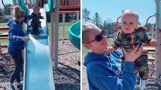 Epic mom fail: Baby hits his head going down slide