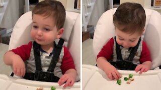 Sneaky toddler tries to hide his broccoli