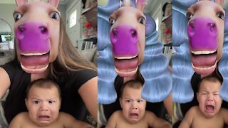 Baby falls victim to hilarious 'horse face' video filter