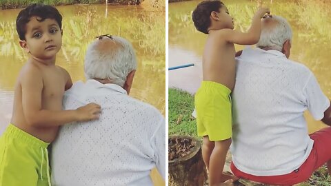 Kid puts worms all over old man's head