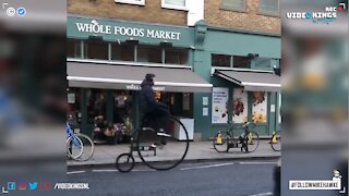 Penny-farthing hipster crashes into DPD-van.