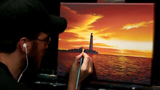 Acrylic Seascape Painting of a Lighthouse and Orange Sunset - Time-lapse - Artist Timothy Stanford