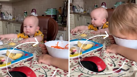 Hungry toddler sticks entire head in food bowl