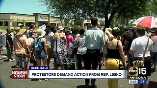 Protesters against immigration detention camps gather outside Rep. Debbie Lesko's office