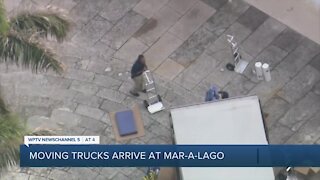 Moving trucks arrive at President Donald Trump's Mar-a-Lago club on Palm Beach