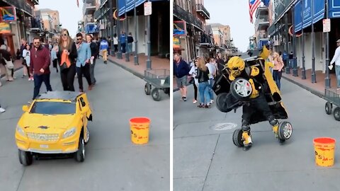 Street performer makes Transformers character come to life