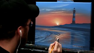 Acrylic Seascape Painting of a Lighthouse and Rosy Sunrise - Time-lapse - Artist Timothy Stanford