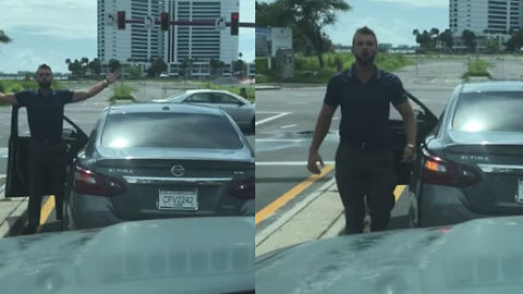 Watch This Crazy Guy Hock A Rage Loogie At Traffic Stop