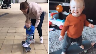Fearless toddler learns how to ride a skateboard