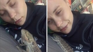 Pet lizard notices owner is sleeping, adorably cuddles with her